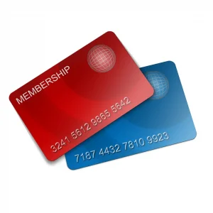 a red credit card saying membership on top a blue card